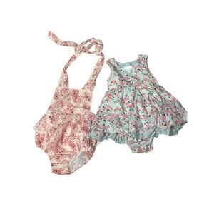 SweetHoney Lot of 2 Toddler Girls Pink Floral Dress Apron Bubble Romper Size 2T